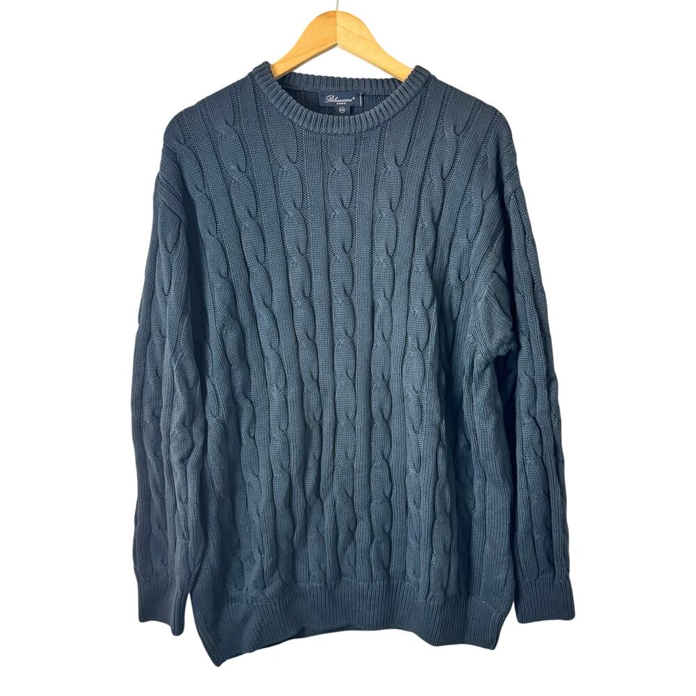 Blumarine UOMO Cableknit Sweater Mens XXL Fisherman Navy Cotton Italy Crewneck